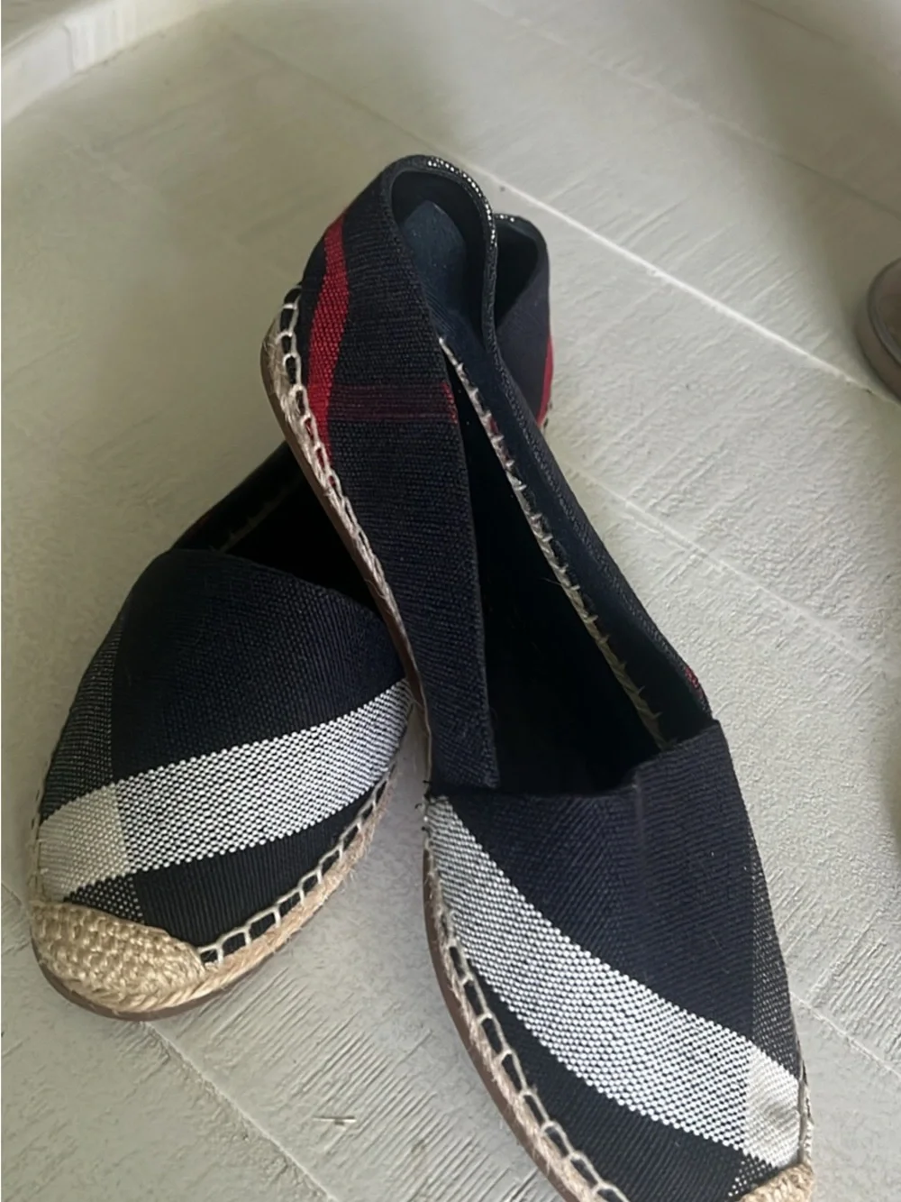 Burberry Black Canvas Espadrilles with White Stripe and Red Heel Detail